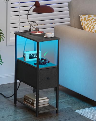 TUTOTAK Small Narrow LED End Table with Charging Station, Side Table Outlets, Nightstand with Cloth Drawer, Set of 2, Couch Table, for Living Room, Bedroom, Bedside, Charcoal Grey TB01BY059 - color: Charcoal Grey, style: 1 Drawer with Plug & Light