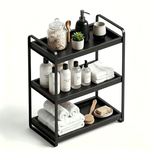 LEMIKKLE Bathroom Counter Organizer with Basket, Bathroom Organizers and Storage,Skincare Organizers for Vanity,Storage Organizers for Bathroom, Kitchen, Dresser (3-Tier Black Wood Rack) - color: 3-tier Black Wood Rack