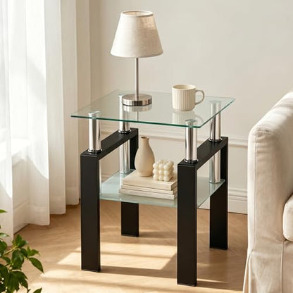 Meihua Glass End Table, Square Glass Side Table, 2-Tier Modern Nightstand with Metal Legs for Living Room&Bedroom (Transparent, 1pc) - color: Transparent, size: 1pc