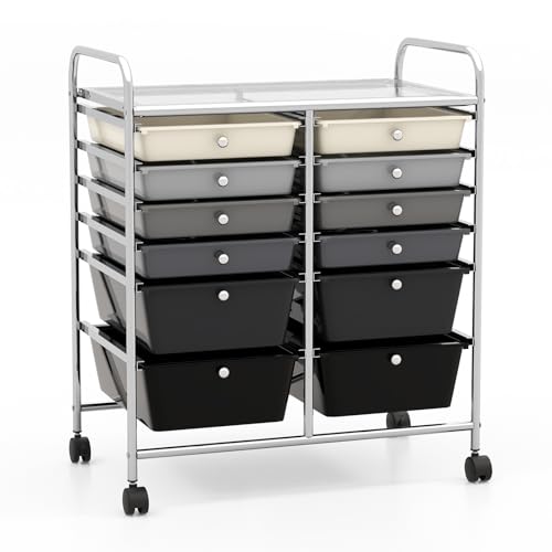 DREAMADE Rolling Cart with Storage Drawers, Utility Cart with Removable Plastic Drawers, Lockable Wheels, Art Cart for Classroom Organization Art Supplies Office Scrapbook (12 Drawers, Mixed-black) - color: Mixed-black, style: 12 Drawers