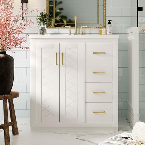 30 Inch White Bathroom Vanity with Sink & Gold Handles,Light Luxury | with Herringbone Pattern Soft Closing Doors,3 Right Drawers,Ceramic Countertop,Solid Wood Frame,Floor-Standing with Toe-Kick - color: White, size: 30 Inch(Right Drawers)