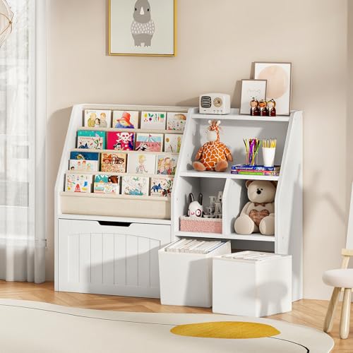 CHOEZON Kids Bookshelf, Children's Bookcase with 4 Sling Book Shelves, Toy Storage Cubby, Fabric Storage Baskets, Wooden Book Shelf for Kids' Room, Playroom, Nursery, Living Rooms, White MCW17WB - color: White