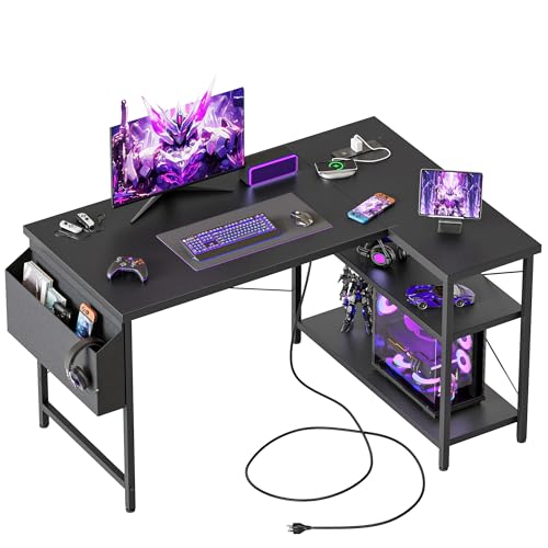 Mericonia Small L Shaped Computer Desk with Power Outlets, Reversible Gaming Desk with Storage Shelves, Corner Gamer Desk Table, Study Writing Table - color: Black, size: 39.4 inch