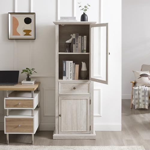 65" Tall Bookcase with Tempered Glass Door, Elegant Freestanding Display Cabinet with Drawer, Modern Wooden Kitchen Pantry Storage Cabinets for Living Room/Office(White) - color: White & 24 X 65