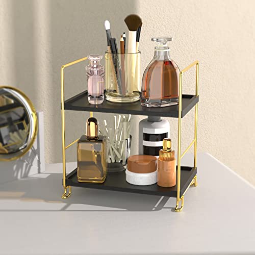 2-Tier Spice Rack Bathroom Organizer Countertop Storage Shelf, Cosmetic Storage Rack Standing Counter Shelf (Gold + Black) - color: Black + Gold