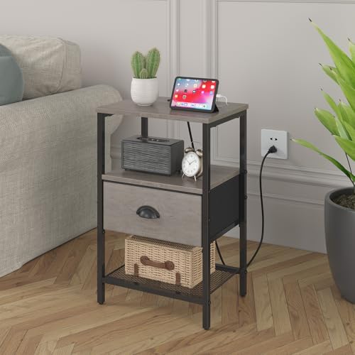 sthmec Nightstands Set of 2, Night Stands with Charging Station and Fabric Drawer, Grey Bedside Tables with Drawers, 2- Tier Side Table with Storage, Nightstands with Charging Station,Grey - color: Grey, style: Power