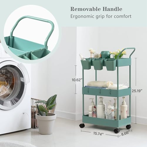 danpinera Storage Cart on Wheels, 3 Tier Bathroom Cart Organizer Slim Laundry Narrow Shelf with Wheels Dividers Hanging Cups Hooks Handle Easy Assembly, Green - style: 3 Tier Green