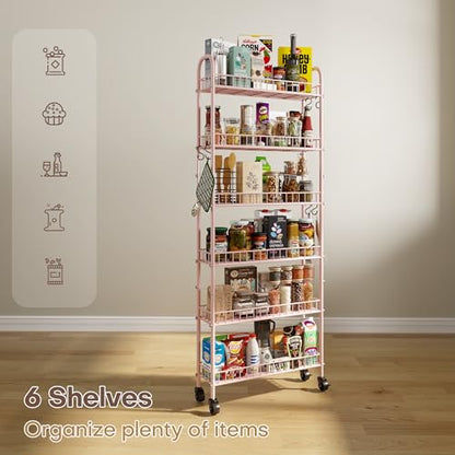 6 Tier Slim Rolling Storage Cart with Wheels, Metal Mobile Shelving Unit Organizer Utility Cart for Office Bathroom Kitchen Laundry Room Narrow Places (Pink 6 Inches) - size: Pink 6 Inches