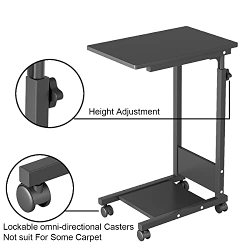 TigerDad Adjustable Height C Table Sofa Side Bedside Table with Wheels, Hospital Bed Table Rolling Tray with Storage, Mobile Computer Desk Laptop Table for Home Use - color: Black