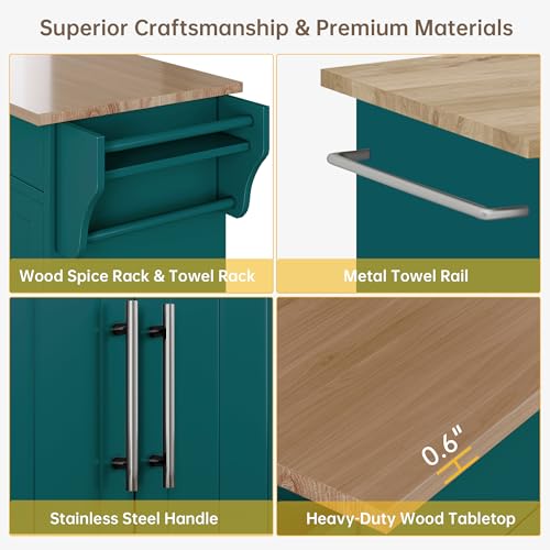 Wood Kitchen Island with Storage, Rolling Kitchen Island On Wheels, Mobile Island Trolley Cart Sideboard Cabinet with Towel Rack, Spice Rack, Adjustable Shelf, Wooden Top & Large Drawer, Dark Green - color: Dark Green