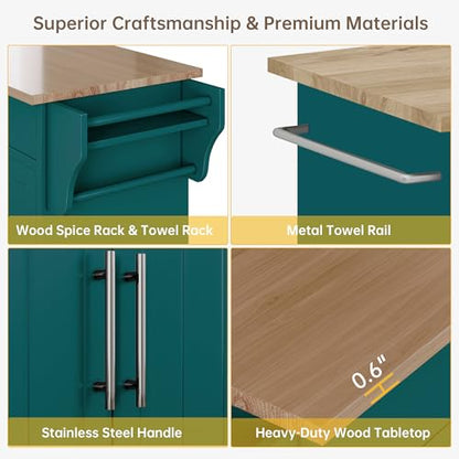 Wood Kitchen Island with Storage, Rolling Kitchen Island On Wheels, Mobile Island Trolley Cart Sideboard Cabinet with Towel Rack, Spice Rack, Adjustable Shelf, Wooden Top & Large Drawer, Dark Green - color: Dark Green