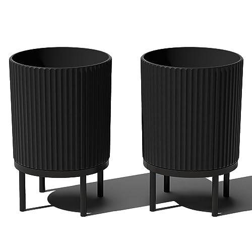 Veradek Demi Series Round Planter w/Stand for Porch/Patio | Durable Plastic-Stone Composite & Wooden Stand | Modern Décor for Tall Plants, Flowers - color: Black/Black, size: 16 inch - 2 Pack
