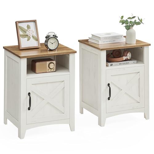 VASAGLE Nightstand Farmhouse Barn Door Bedside Table with Storage | Side End Table, Night Stand, Open Compartment, for Bedroom, Set of 2, Rustic White and Honey Brown, LIRY Collection - color: Rustic White + Honey Brown, size: 2 PACK
