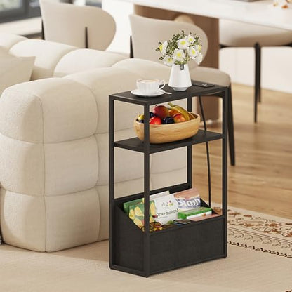 TUTOTAK Keep Phones Charged & Books Organized with Slim 3-Tier Side Table with Charging Station for Living Room Bedroom TB01BK095 - color: Black