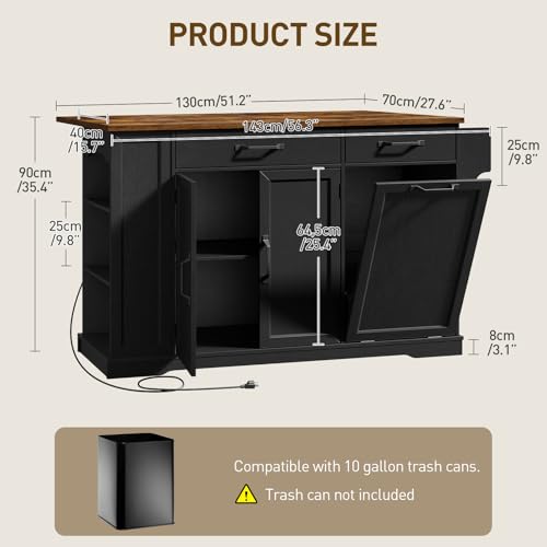 RALGEND Kitchen Island with Power Outlet & Drop Leaf, Rolling Storage Cart with Trash Storage Cabinet, Farmhouse Mobile Island Table for Kitchen, Dining Room, Hidden Casters, Black and Rustic Brown - color: Black + Rustic Brown