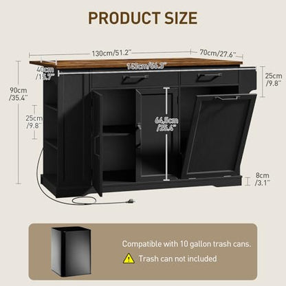 RALGEND Kitchen Island with Power Outlet & Drop Leaf, Rolling Storage Cart with Trash Storage Cabinet, Farmhouse Mobile Island Table for Kitchen, Dining Room, Hidden Casters, Black and Rustic Brown - color: Black + Rustic Brown