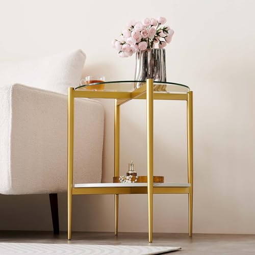 LumFurn Round Glass End Table, Mid-Century Modern Design Sofa Table for Living Room, D18 x H23 in, 2-Tier Structure, Clear Glass Top and White Marble Shelf, Sleek Conical Legs with Gold Finish Frame - color: Clear & White Marble, size: D18" Round End Tabl