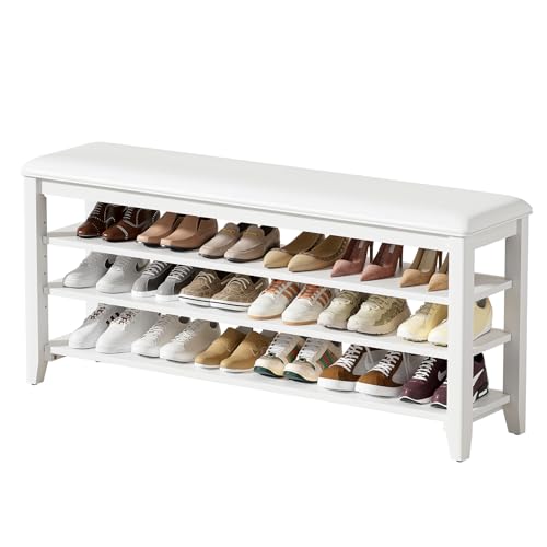 Shoe Bench with 3 Tier Adjustable Shelves Rubberwood Entryway 47.2'' | Hallway organizer, solid wood design, removable shelves, space saving storage, perfect for front doors, family spaces - color: White, size: 47.2''