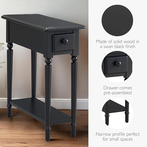 Coastal Solid Wood Narrow End Table with Drawer, Swan Black, Perfect for Living Rooms, Bedrooms, and Offices – Leick Home, 20017-BK - color: Swan Black