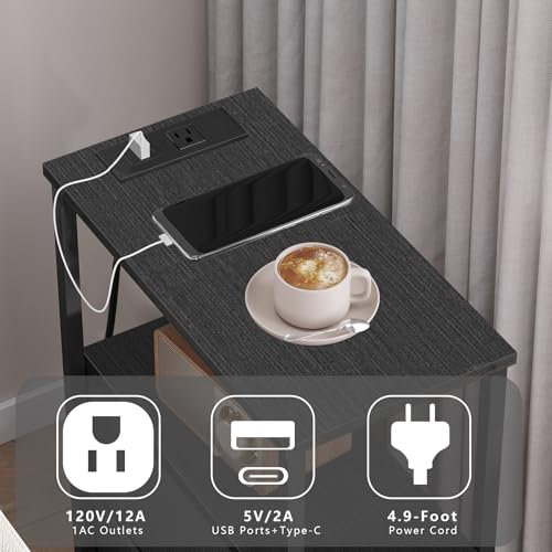 TUTOTAK Small Narrow End Table with Charging Station, Set of 2, Side Table with Outlets, Nightstand with Cloth Drawer, Couch Table, for Living Room, Bedroom, Bedside, Black TB01BK058 - color: Black, style: 1 Drawer & Plug
