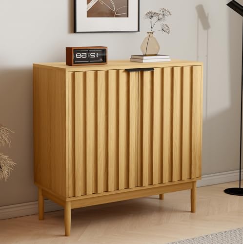 Otterease Fluted Buffet Cabinet with Storage, Wooden Sideboard with Doors & Adjustable Shelves, Modern Accent Cabinet for Kitchen, Living Room, Entryway, Hallway, Natural - color: Natural, size: 14.2"D x 31.5"W x 31.9"H