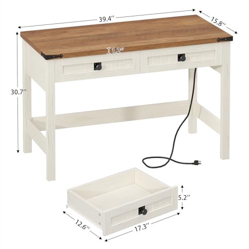 YOMILUVE Farmhouse Computer Desk with 2 Drawers, 39 Inch Small Office Computer Desk with Power Outlets, Compact Writing Study Desk for Small Spaces, Antique White - color: Antique White