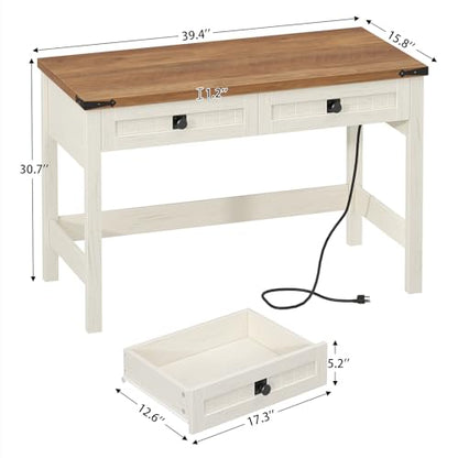 YOMILUVE Farmhouse Computer Desk with 2 Drawers, 39 Inch Small Office Computer Desk with Power Outlets, Compact Writing Study Desk for Small Spaces, Antique White - color: Antique White