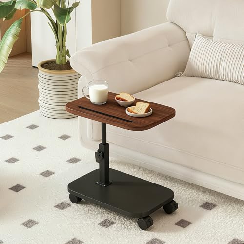 Adjustable Height TV Tray Table with Wheels, C Shaped End Side Table & Phone Tablet Slot, Swivel Snack Stand for Couch, Sofa, Bed,Living Room, Laptop Use in Small Spaces (Walnut) - color: Walnut