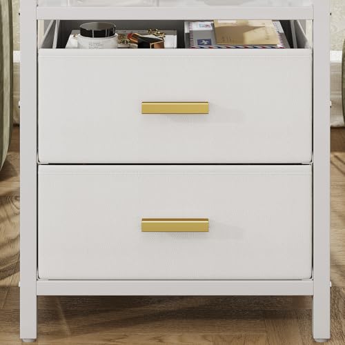 Nightstand 2 Drawers Side Table Modern Bedside End Table | White night stand with 2 fabric drawers, double layer shelf, metal frame, space saving end table for bedroom and living room - size: 2 Drawers, Single Piece