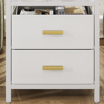 Nightstand 2 Drawers Side Table Modern Bedside End Table | White night stand with 2 fabric drawers, double layer shelf, metal frame, space saving end table for bedroom and living room - size: 2 Drawers, Single Piece