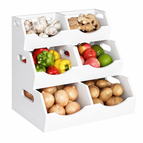 Potato and Onion Storage Bin, 3 Tier Bamboo Kitchen Storage Rack, Stackable Ventilated Pantry Organizer with Handles for Garlic Peppers Vegetables, Countertop Produce Bins, White(Assembly Required) - color: White(3 Tier)