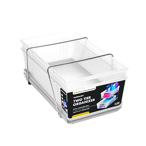 madesmart 2 Tier Organizer, Under Cabinet Storage with Pull Out Sliding Drawers, for Cleaning Supplies, Pantry, Undersink, Sponges, Bottles & Bath, Adjustable Dividers & Pull Out Baskets, Frost - color: Frost + Dividers