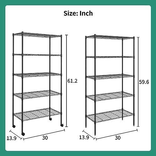 BLKMTY 5-Tier Heavy Duty Shelving, Steel Wire Shelving Unit, 1250 Lbs Capacity Adjustable Garage Shelves with Lockable Casters, 14 D x 30 W x 60 H, NSF Certified for Pantry Warehouse, Black - color: Black, size: 5 Tire: 13.9" D x 30" W x 61.2" H