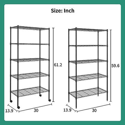 BLKMTY 5-Tier Heavy Duty Shelving, Steel Wire Shelving Unit, 1250 Lbs Capacity Adjustable Garage Shelves with Lockable Casters, 14 D x 30 W x 60 H, NSF Certified for Pantry Warehouse, Black - color: Black, size: 5 Tire: 13.9" D x 30" W x 61.2" H
