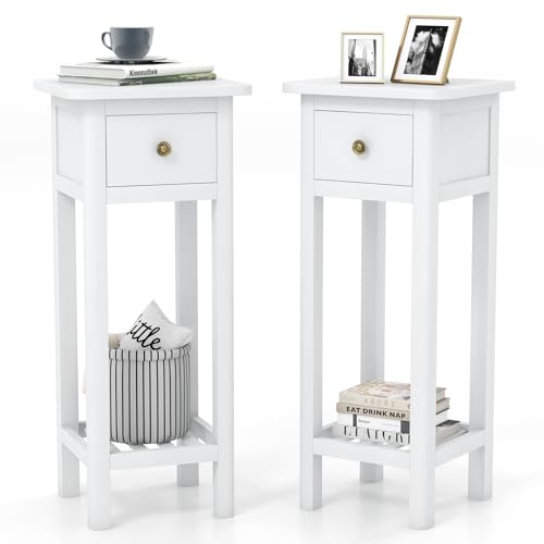 Tangkula 2-Tier Narrow Side Table with Drawer, Acacia Wood Tall End Table for Small Spaces, Farmhouse Slim Bedside Table with Open Shelf, Nightstand for Living Room, Bedroom, No Assembly (2, White) - color: White