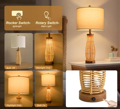 OYEARS 28" Table Lamps Set of 2 with Dual Night Lights, Bedside Lamps for Bedroom, Boho Lamp for Living Room, Rattan Table Lamp with Linen Shade, Farmhouse Lamp with Wood Grain Finish (Bulb Included) - color: Antique Brown