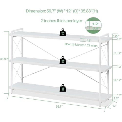 HCHQHS Bookshelf, 3-Tier Long Industrial Bookcase, White Open Book Shelf, Freestanding Horizontal Bookshelves with Metal Frame - color: Cloud White, size: 3-Tier (56.7"W x 35.8"H)