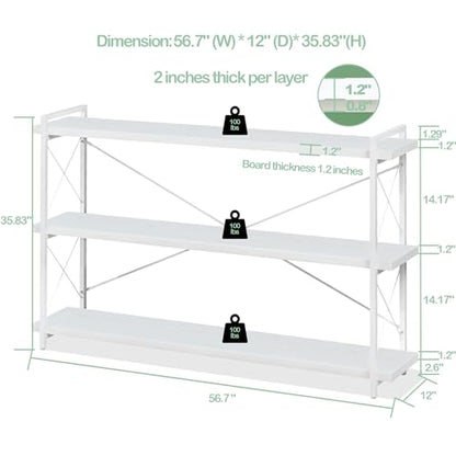 HCHQHS Bookshelf, 3-Tier Long Industrial Bookcase, White Open Book Shelf, Freestanding Horizontal Bookshelves with Metal Frame - color: Cloud White, size: 3-Tier (56.7"W x 35.8"H)