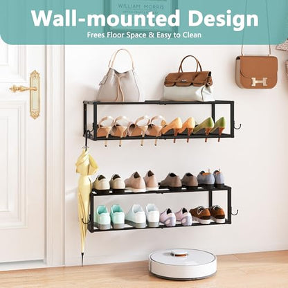 2 Pack 2-Tier Hanging Wall Mounted Shoe Rack, Space Saving Metal Expandable Shoe Rack Holds 12 Pairs, 16“-29” Adjustable Shoe Rack with 4 Hooks, Shoe Rack for Entryway Closet Door - size: 29.72" W x 11" L x 7.68" H