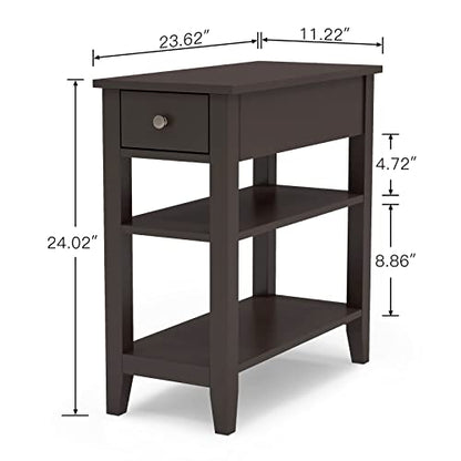 ChooChoo Side Table Living Room, Narrow End Table with Drawer and Shelf, 3-Tier Sofa End Table for Small Space, Espresso - color: Espresso