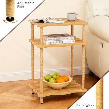 THUMEYE 3-Tier Side Table, 15.7”x11.8”x23” Space-Saving End Table with Solid Wood Legs, Tool-Free Assembly Nightstand for Bedroom Living Room, Burlywood - color: Burlywood