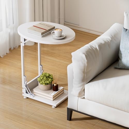 Elbourn Folding Side Table End Couch Tables,Metal Frame C-Shaped TV Stand for Living Room, Bedroom, Coffee Table(White) - size: White