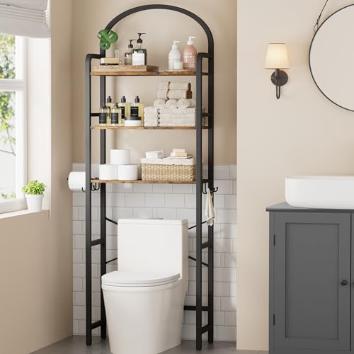 74" H Over the Toilet Storage Rack, 3-Tier Bathroom Organizer with Toilet Paper Holder & Hooks, Metal Frame with Wooden Shelves, Space Saver for Small Bathroom, Rustic Brown and Black - size: 3-tier