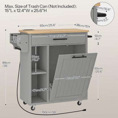 HOOBRO Kitchen Island with Trash Can Storage, Rolling Kitchen Island on Wheels, Mobile Island Cart with Power Outlet, Islands Table for 10 Gallon Garbage Bin, White and Grey GN80UZD01G1 - color: Natural + Grey