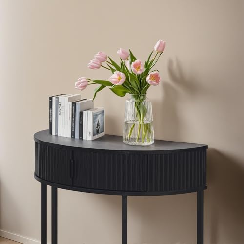 unipaws Half Moon Console Table with Drawer Storage, Narrow Entryway Table | Hidden Cabinet & Lower Shelf, Modern Semi-Circle Hallway Table for Living Room, Small Spaces (31.5" Width) - style: Drawer Storage