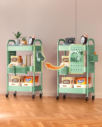 ALVOROG 3 Tier Rolling Cart with DIY Pegboards Metal Utility Cart with Wheels Handles Baskets Hooks, Storage Cart for Office Kitchen Bathroom(Green) - color: Green
