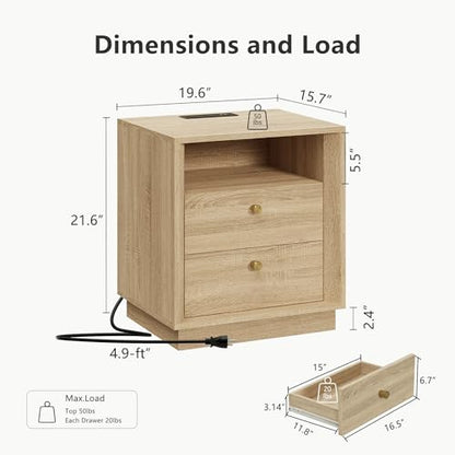 FORTUNETEC Nightstand with Charging Station, Mid Century Modern Nightstand with Wood Grain Texture, Boho End Table with Drawers Storage, Bedside Table for Bedroom Living Room Office, White Oak - color: White Oak, style: set of 1