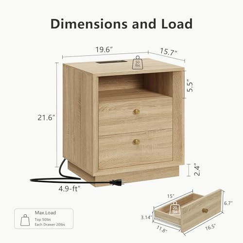 FORTUNETEC Nightstand Set of 2 with Charging Station, Mid Century Modern Nightstand with Wood Grain Texture, Boho End Table with Drawers Storage, Bedside Table for Bedroom Living Room, White Oak - color: White Oak, style: set of 2