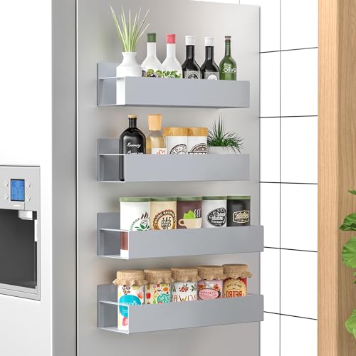 4 Pack Magnetic Spice Storage Rack Organizer for Refrigerator and Oven, Gray Fridge Organizers and Storage | Magnetic Shelves Heavy Duty for Fridge in Kitchen, Seasoning Storage Organizer, For Oven Washer and Dryer, For Heavier Items - color: Gray, size: