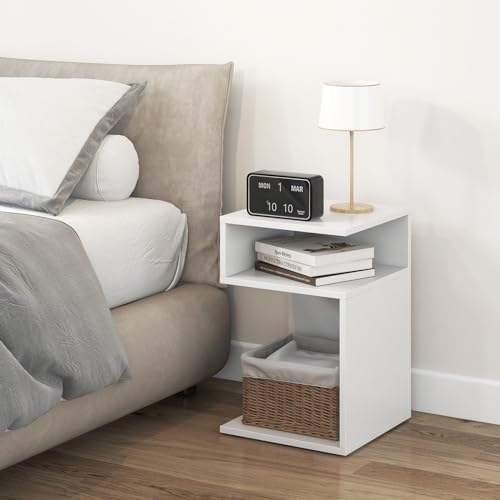Giantex 3-Tier Side Table, S-Shaped End Table with 2 Open Storage Compartments, Wood Narrow Bedside Table, Modern Nightstand for Bedroom, Living Room, Small Spaces, Easy Assembly, White